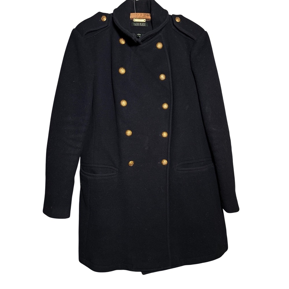 Lauren Ralph Lauren Navy Wool Military Coat Crest Buttons Double Breasted XL